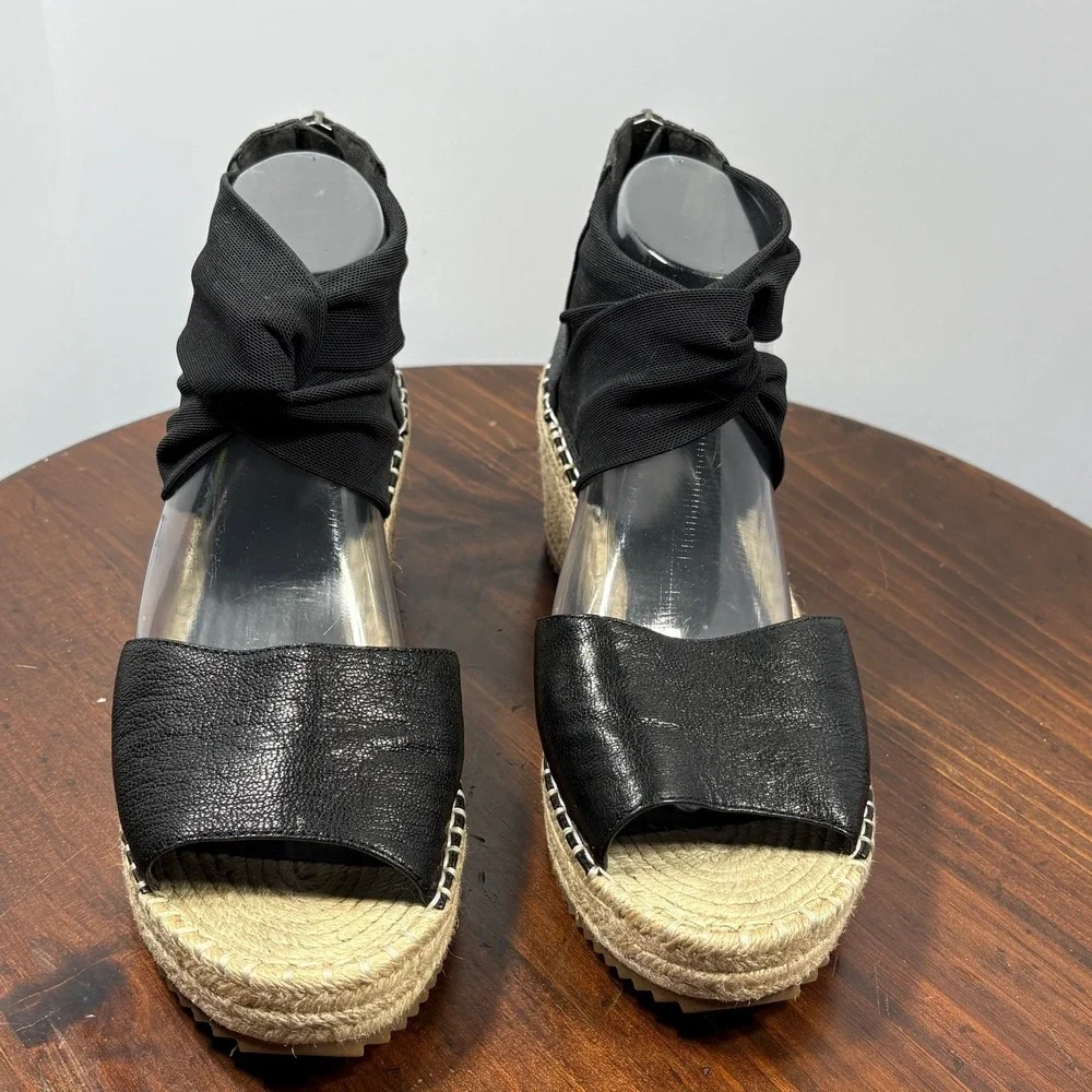 Eileen Fisher Wiley Leather Espadrille Wedge Sandals Womens 10 Black‎ Platform